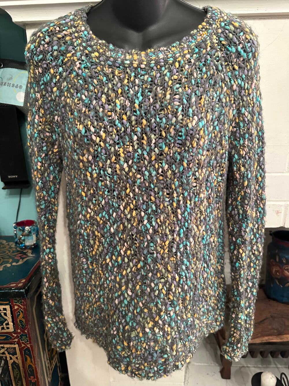 NWOT BLUE GRAY LAVENDER PINK YELLOW TWEED SWEATER S